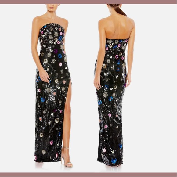 NWT $798 Mac‎ Duggal [ 14 ] Floral Sequined Strapless Slit Column Gown Black - Picture 2 of 16